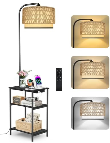 OUTONLIFE Stehlampe Wohnzimmer mit Tisch & Rattan-Schirm, Dimmbar LED Standleuchte mit Fernbedienung, 3 Farbtemperaturen, Nachttisch mit Ladefunktion und Ablage, Beistelltisch für Schlafzimmer Büro