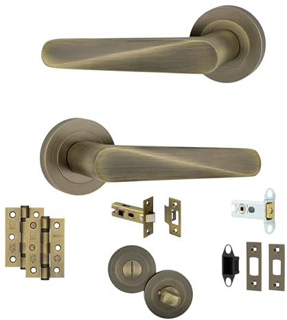 AXS Hardware Detroit Door Handles on Rose, Aluminium, Antique Brass, 127mm Lever, Concealed Fix, Internal Doors (Antique Brass, Bathroom Door Pack)