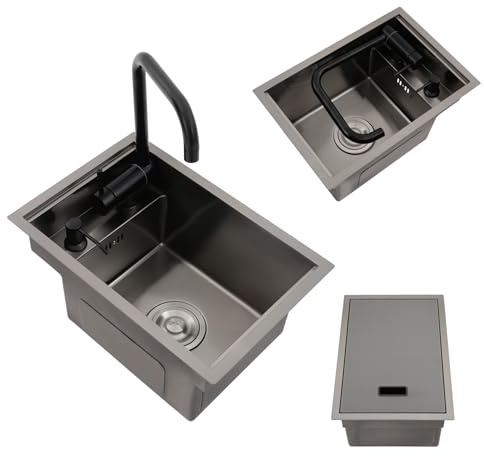 Fregadero de cocina oculto, fregadero invisible para bar de cocina y caravana, fregadero empotrado con tapa y grifo plegable, fregadero de bar bajo encimera, 45 x 30 x 23 cm