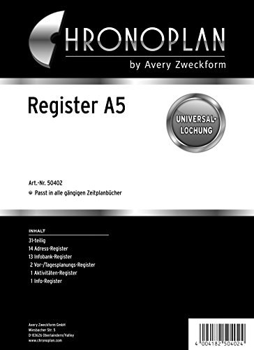 Chronoplan 50402 Register für A5-Terminplaner (165x210 mm, 31-teilig: 14 Adress-Register, 13 Infobank-Register, 2 Tagesplan-Register, 1 Aktivitäten-Register und 1 Info-Register, für viele Organizer)