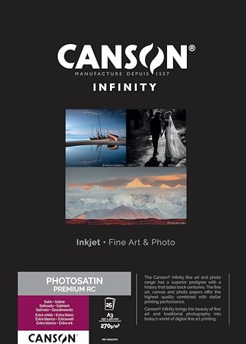 Canson Infinity Photo Satin Premium RC, Papel fotográfico, Satinado, 270g, Hoja, A3-29,7x42cm, Extra Blanco, 25 Hojas