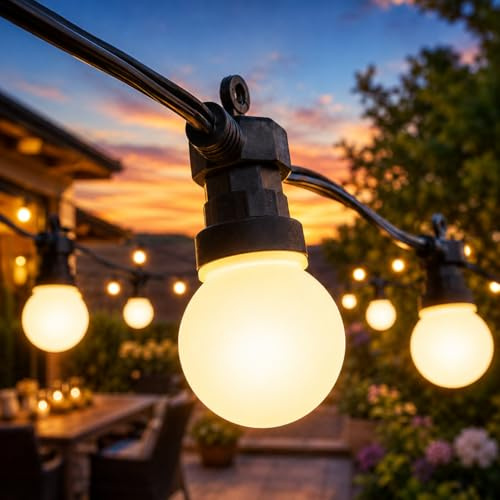Festive Lights ConnectPro® 25m / 82ft Connectable Outdoor Garden LED Festoon Lights, Warm White Frosted Bulbs, Commercial Grade String Lighting, IP65 Waterproof, Black Rubber Cable, with Plug