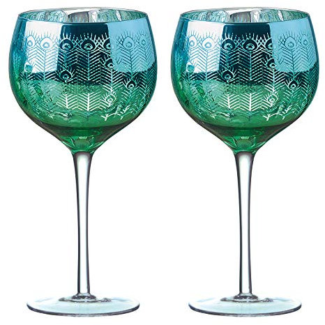 Artland - Peacock Gin Glasses - Blue/Green & Silver - Set of 2-70cl Capacity Per Glass