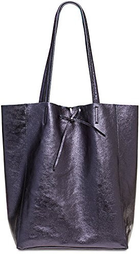 Caspar Großer Damen Leder Shopper Metallic Schultertasche mit Sicherheitsfach - CLASSIC LINE - Modell No.781 - Made in Italy, Farbe:dunkelblau metallic, Accessoires:One Size