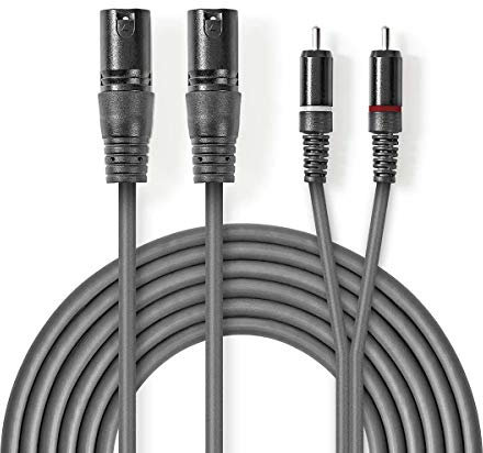 NEDIS 2x XLR A 3 Spillo x 2x RCA Maschio Nichel Placcato Tondo Bilanciato Audio Cavi, 1.50 Metro Lunghezza, Grigio Scuro