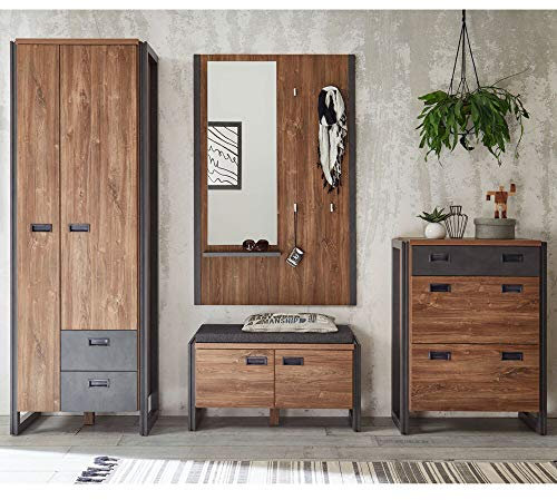 Lomadox Garderoben Komplettset im Industrial-Design Stirling-Oak-Eiche anthrazit grau Dielenschrank und Sitzbank & Polster Schuhschrank & Klappen Garderobenpaneel Spiegel