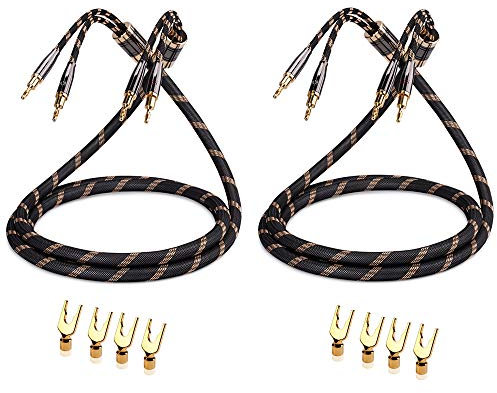 SKW Audiophile Câble d'enceinte, câble Banane remplaçable, fiche plaquée Or, Tresse de Nylon, câble de qualité Hi-FI (1.5 M, Noir, 2PCS / Kit)