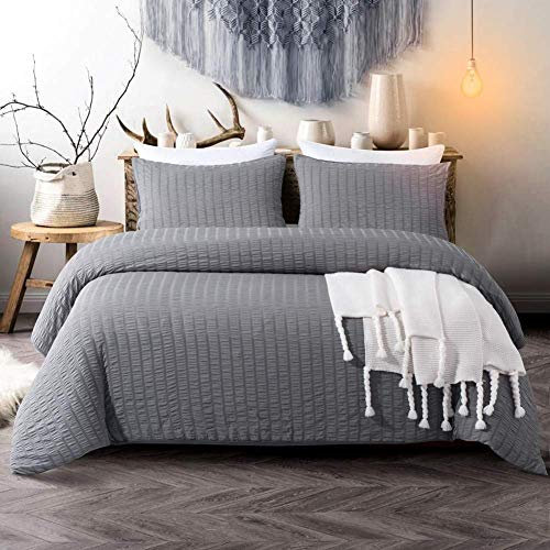 [hachette] SEERSUCKER DUVET COVER BEDDING BED SET WITH PILLOWCASES (Charcoal Grey, Double)