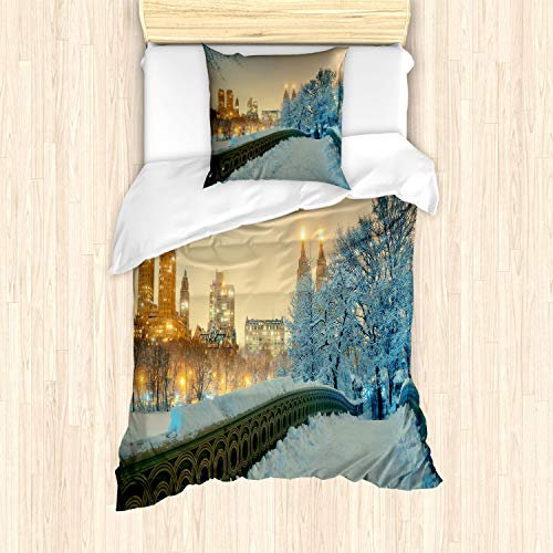 ABAKUHAUS Winter Bettbezug Set für Einzelbetten, New York Central Park, Milbensicher Allergiker geeignet mit Kissenbezug, Orange Weiß Olivgrün