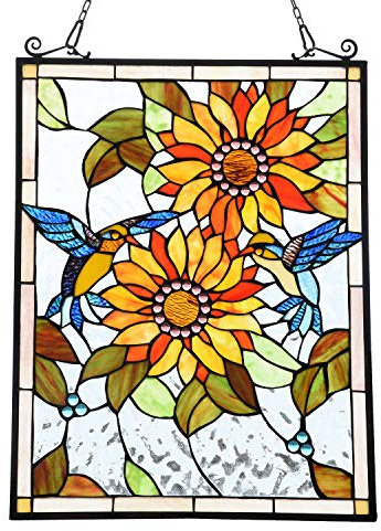 Capulina Sunflower and Birds Stained Glass Panels Window Hangings Tiffany Style Glass Traditional Art Handicrafts for Home Window Decor Gifts