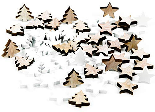 Logbuch-Verlag 56 Streuteile Holz Weihnachten Bäume und Sterne braun weiß 2,5 cm Streudeko weihnachtlich Tischdeko