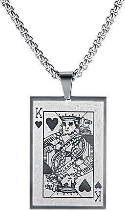 PAURO Herren Halskette Edelstahl Punk Felsen Der König der Herzen Spielkarte Poker Etikett 22 Zoll Kette Silber