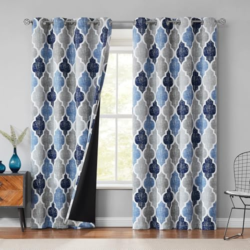 Beauoop Moroccan 100% Blackout Curtains Bedroom Blue Grey 50x84 2 Panels