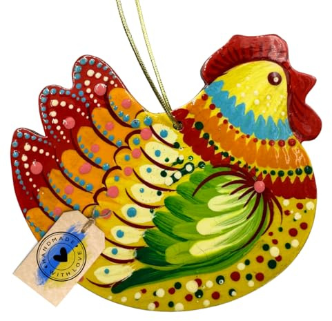 Huhn - Deko Hühner Osteranhänger aus Holz Beidseitig Bunt Handbemalt - Ukrainische Kunsthandwerkliche Tradition der Petrykiwka-Malereifür Ihren Osterstrauß Osterdekoration