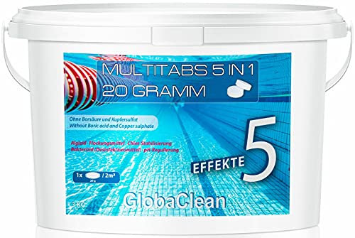 GlobaClean Multitabs 5 in 1 20g - 3kg - Chlortabletten für Pool mit 5-Phasen zur Pflege, Reinigung & Desinfektion - Mini Chlortabletten für Pool - für kristallklares und hygienisches Poolwasser