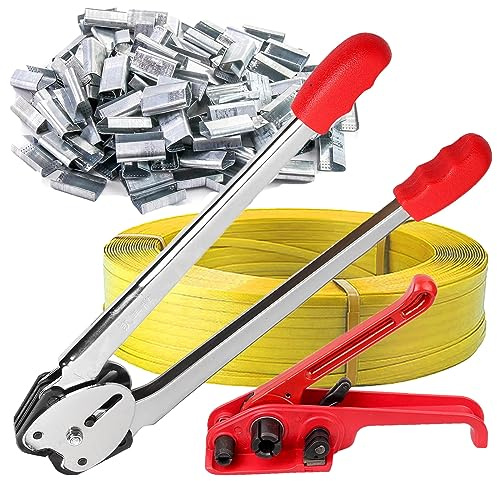 Packaging strapping kit, PET/PP manual strapping tools,strapping tensioner+ strapping sealer+ 100m packing belt+ 50pc pallet strapping clips, strapping banding kit for 1/2-3/4 PET/PP strapping belt | Includes Strapping Tensioner, Strapping Sealer, 100m Packing Belt + 50pc Pallet Strapping Clips