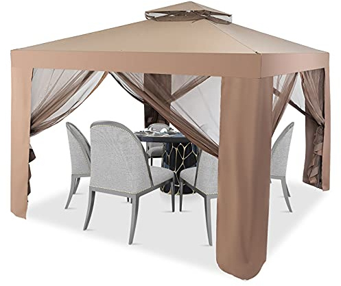 GIANTEX Pavillon mit Dach Pavillon für den Außenbereich, 3 x 3 m, mit Stahlgestell und 4 seitlichen Vorhängen, Belüftung und Anti-Mücken, für Terrassen, Rasen, Balkon (Braun)