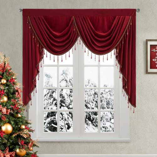 StangH Rote Samt-Volant-Vorhänge für Fenster, Elegante Dicke schwere Volants mit Perlen, Heimdekoration für Theater, Büro, Schlafzimmer, Raumteiler, B 150 cm, 1 Vorhang