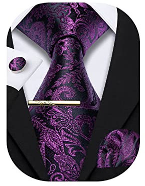 Barry.Wang Lot de 4 cravates carrées en soie pour homme - Couleur unie - Motif cachemire - Pour fête, anniversaire de mariage - Boîte cadeau, Violet foncé, noir., taille unique
