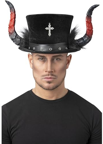 Smiffys Deluxe Devil Top Hat with Horns & Marabou, Halloween Fancy Dress Accessory, Devil Dress Up Hats