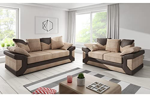 Furnishings For Less UK New Large Dino Fabric and Leather sofa Suite Brown and Beige 3 and 2 Seater Scatter Back (Brown and Beige, Sofa Suite (3 + 2))