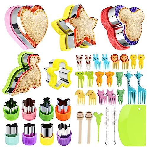 38 Stücke Sandwich-Ausstechformen-Set, Brotausstechformen für Kinder, Edelstahl Brot Gemüse Ausstechformen mit niedlich Obstgabeln, Reinigungsbürste,Honigstab, Micky Maus Dinosaurier Formen