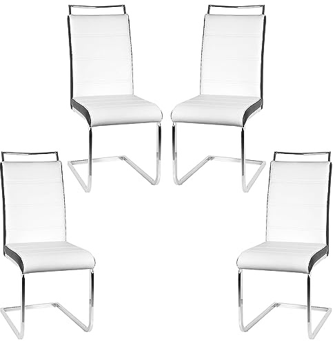 Homewell Lot de 4 chaises de salle à manger, siège ergonomique, en forme de U, basculantes, en cuir synthétique rembourré et pieds en acier inoxydable, blanc et noir