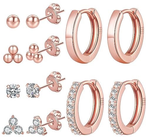 PRETOLE 6 Pairs Rose Gold Stud Earrings for Women, Rose Gold Plated Tiny Stud Earrings Set for Multiple Piercing Cartilage Hypoallergenic Earrings Cubic Zirconia Small Earring