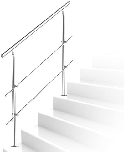 Daromigo Corrimano in acciaio inox, 150 cm, con 2 barre trasversali, corrimano regolabile, Ø 42 mm, ringhiera per scale in acciaio inox, per interni ed esterni, scale, balcone