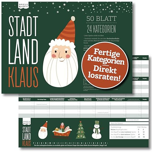 Stadt, Land, Klaus | lustiges Ratespiel für Weihnachten mit 24 Xmas-Kategorien | Familienspiel Partyspiel zur Weihnachtszeit | Geschenk-Idee Nikolaus | DIN A4-Block | 50 Blatt