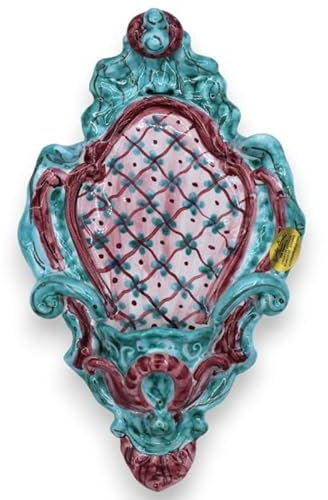 SICILIA BEDDA CAPACI Acquasantiera in Ceramica Siciliana - h 23 x L 14 cm ca. Fondo Verde e Bordeaux, Decoro Barocco MD2