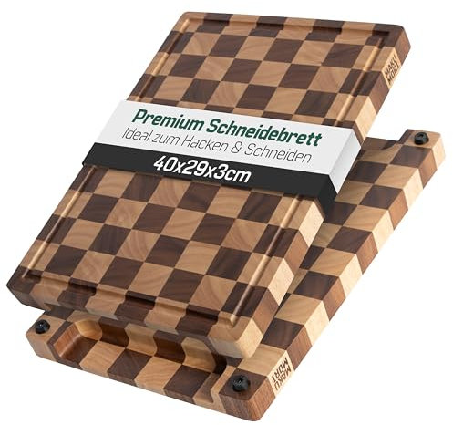 MAKUMORI Planche à découper de qualité supérieure en bois massif, bois de finition, grain fin 40 x 29 x 3 cm – à carreaux bicolore en bois d'acacia et d'hévéa, certifié FSC®, pieds, gouttière à jus et