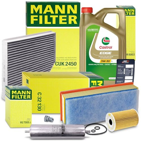 MANN-FILTER Filterset 1x Ölfilter, 1x Kraftstofffilter, 1x Luftfilter, 1x Innenraumfilter, 1x Motoröl 5W-30 LL 5l, Kompatibel mit AUDI A4 B8 (8KH)(8K2)(8K5), A5 (8T3)(8F7)(8TA), Q5 (8RB)