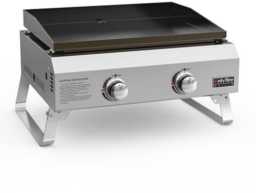 onlyfire 2 Brûleurs Barbecue de Table en Acier Inoxydable avec Plaque de Gril en Céramique, Zone de Cuisson 45,8x36CM, Portable Barbecue à Gaz pour Camping Jardin, Plancha Grils à Gaz Propane