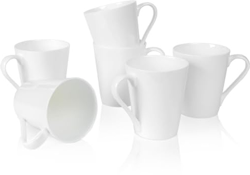 COSTMANCE Plain White Fine Bone China Coffee Mugs Set of 6, 11 Oz | V-Shaped Latte Mug With Handle, DIY Mug Gift, For Cappuccino, Hot Cocoa, Milk, Tea, Lightweight