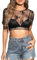 Xnova Camiseta Transparente Mujer Negra Manga Larga Blusas Fiesta Sexy y Chic Malla Crop Top Rejilla Clubwear Casual Camisas Cuello Redondo, Negro D, L