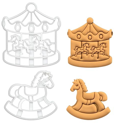 BAKERLOGY Sat von 2 Kirmes Ausstechformen (Formen: Schaukelpferd und Karussell) - Detailliertes Keksausstecher-Design zum Backen und Basteln, ideal für Fondant, Teig, Ton