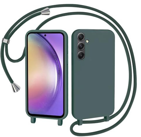 AOMYKE Coque pour Samsung Galaxy A54 5G avec Cordon, Collier Étui Silicone Liquide avec Tour de Cou Lanière en Corde Souple TPU Antichoc Housse - Vert foncé