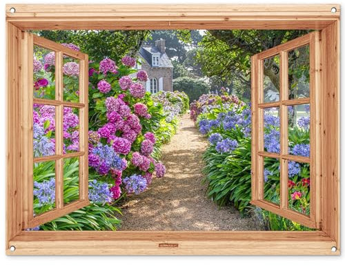 MuchoWow© Gartenposter Groß 120x90 cm XXL Outdoor Bilder Gartendeko für draußen Wetterfest Garten Zaun Deko Banner Draußen Bild Gartenzaun Hortensie - Fensterblick - Blumen - Lila - Braun