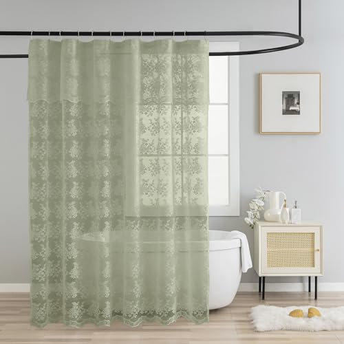 TUDECO Rideau de douche vert sauge avec cantonnière attachée, rideau de douche tricoté en dentelle transparente à motif floral printanier, bords festonnés, trous renforcés, 183 x 183 cm, 1 panneau