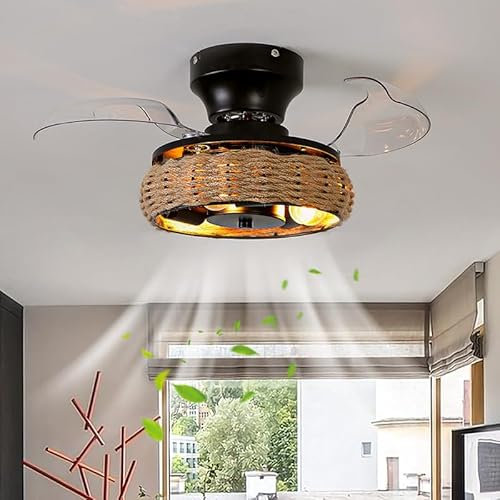 Lamparas Ventilador De Techo E27 Reversible, Retror Vintage Ventiladores Para El Techo Con Lámpara, Ventilador De Techo Con Luz 6 Velocidades Y Mando Para Salón Dormitorio Cocina-cuerda de cáñamo