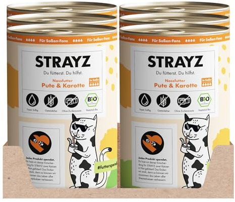 STRAYZ - Bio Katzenfutter in Soße - Pute & Karotte: Getreidefreies Katzenfutter hoher Fleischanteil ohne Zucker - Spendet für Straßenkatzen (6x400g)