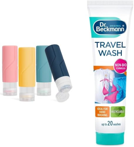 Alyvisun 4 Pack Silicone Travel Bottles for Toiletries, [Refillable & Leak-proof] Travel Containers & Dr. Beckmann Travel Wash | Clean laundry ON THE GO | up to 20 washes | 100ml