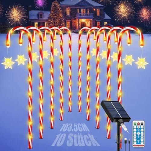 HELESIN 10 Stück Zuckerstangen Weihnachtsdeko Außen Längere Solar LED Zuckerstangen Weihnachtsbeleuchtung mit Funkelnde Schneeflocke, Fernsteuerung, 8 Modi Zuckerstange für Garten Weihnachten Deko