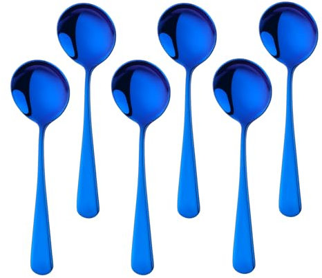 Buyer Star Suppenlöffel Edelstahl, Esslöffel 6 Stück Runde Dessertlöffel Besteck, 6,3 Zoll Edelstahl Löffel für Müsli Porridge Früchte Joghurt, Spülmaschinenfest (6, Blau)