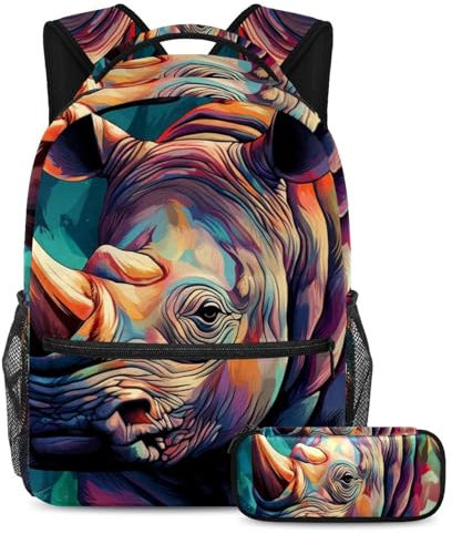 Rüsten Sie Ihre Schulutensilien mit dem vielseitigen 2-teiligen Schultaschen-Set auf, coole Farben, Nashorn, Coole Farben Nashorn, Größe L