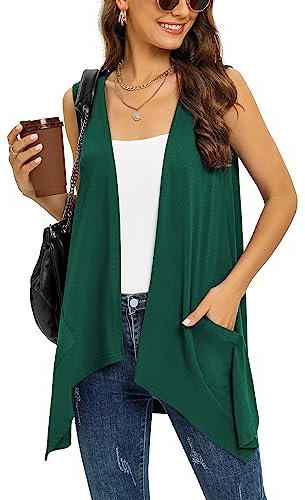 Dark Green Sleeveless Cardigan Vest for Women Plus Size Lightweight Summer Jacket with Pockets Casual Work Knit Open Front Long Drape Duster,XXL