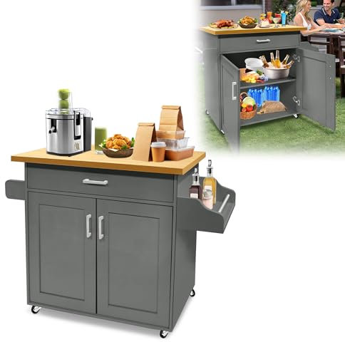 Suusolny Küchenschrank Küchenwagen 115x36x90cm mit Arbeitsplatte, Schrank, Schublade, Handtuchhalter, Gewürzboardaus Servierwagen mit Rollen Küchentrolley Grau