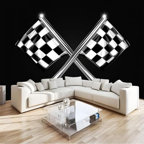 3D Papier Peint Panoramique Tapisserie Intissé Murales Course Sous Drapeau À Damier Noir Et Blanc, Papier Peint Enfant pour Salon Chambre Décoration Murale, Papier Peint 200x140 cm Chambre Enfant