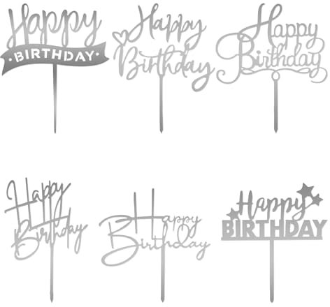 6 Stück Happy Birthday Tortendeko Silberne Cake Topper Geburtstag Acryl Party Kuchen Deko Herz Cupcake Topper Dekoration für Frauen Männer Geburtstag Jahrestag Andenken Valentinstag